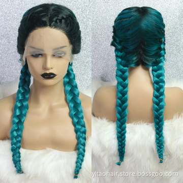 Long Double Braids  Twist Ombre Green Synthetic Braided Lace Front Wig with Baby Hair synthetic hair wig with lace front